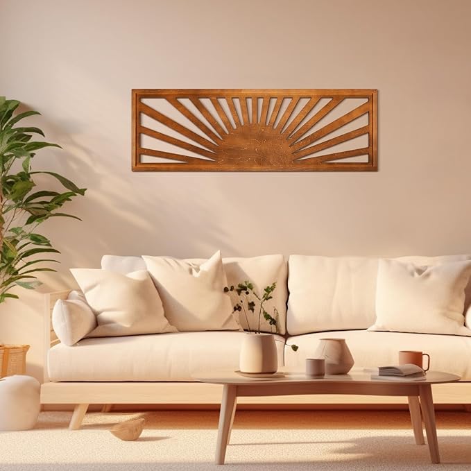 Burbell Sun Wall Art Decor 35'' x 12'' Large Boho Sun Wall Decor Wooden Horizontal Vintage Bohemian Hanging Rectangle Panoramic Above Bed Decoration for Bedroom Home(Dark Brown)