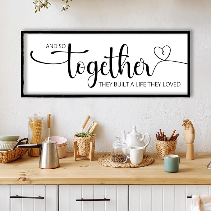 And So Together They Built A Life They Loved Sign Wall Decor 40"x15" Above Over Bed Master Bedroom Large Wood Framed Wall Hanging Art (Black)