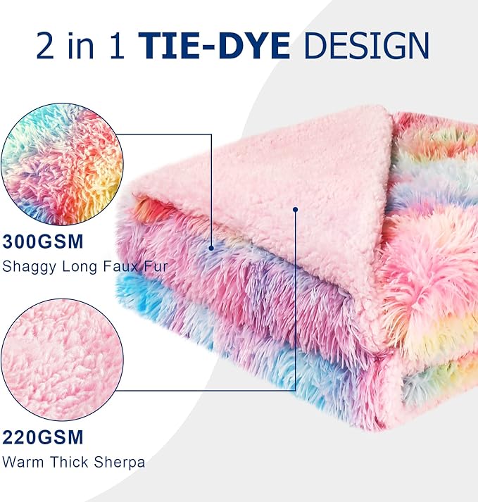 DANGTOP Fuzzy Faux Fur Throw Blanket, Tie Dye Fluffy Blanket, Super Soft Rainbow Blanket for Girls, Luxury Cozy Warm Plush Thick Sherpa Throws for Bed Couch Living Room (Rainbow, 59x79 inches)