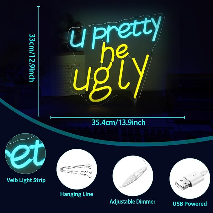 U Pretty, He Ugly Neon Sign, Dimmable Neon Signs for Wall Decor, Beer Bar Signs for Man Cave, Room Home Decor, Led Sign - USB Powered
