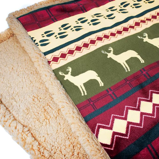 PAVILIA Premium Christmas Sherpa Throw Blanket, Green Red Cabin Design with Reindeer Print, Ultra Soft Reversible Fleece & Sherpa 90x90 Queen Winter Blanket, Cozy Christmas & Holiday Decor