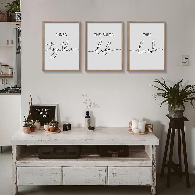 Houmury Framed Set of 3 And So Together They Built A Life They Loved Above Bed Wall Decor Wall Art for Farmhouse Home Bedroom Kitchen Living Room Wood Signs (Brown,12"x16")