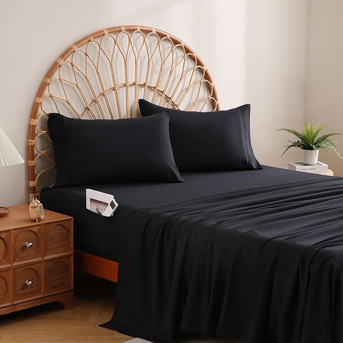 JSD Black King Sheet Set with Side Pocket Corner Straps, 4 Piece Soft Microfiber Bed Sheets Extra Deep Pocket