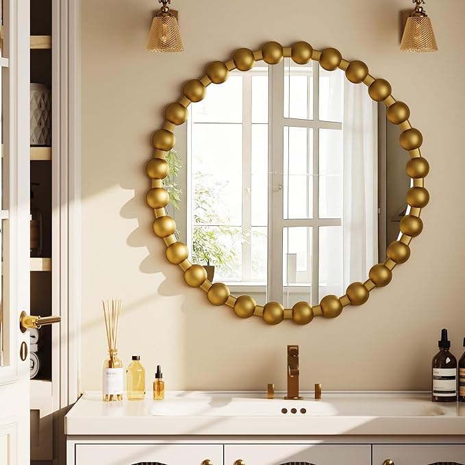 Round Mirror for Wall, 24 Inch Gold Beaded Frame Decorative Vanity Mirror, Circle Bathroom Mirror with High-Definition Lense, Modern Wall Decor for Bathroom, Living Room, Bedroom, Entryway