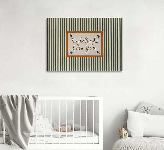 Goodnight Love You Canvas Wall Art Vintage Green Striped Above Bed Wall Decor Picture Mid Century Modern Minimalist Poster Painting Print Artwork for Baby Bedroom Dorm Room Decor, Framed