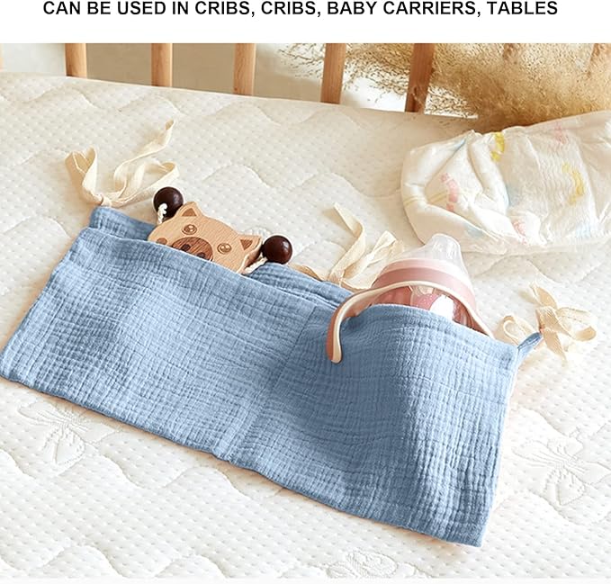 Diaper Caddy, Pure Cotton Cloth Baby Bedside Hanging Storage Bag Diaper Stacker Crib Organizer Hanging For Crib 2 Pockets Adjustable Strap Organizer for Baby Cribs and Toys (Dark Blue)