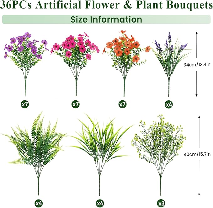 Alupssuc 36 Bundles Artificial Flowers for Outdoors Spring Decoration, UV Resistant Eucalyptus Violet and Lavender Silk Fake Plants for Outside Indoor Yard Home Patio Decor, Orange Rose Purple