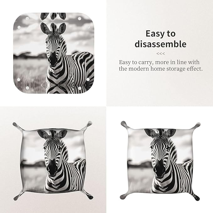Leather Storage Tray for Bedside Table, Desk, Dressing Table, and More - Easy to Clean Medium Black and White Zebra Prints