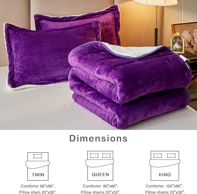 3-Layer Luxury Flannel Fleece Thick Bed Blanket Twin Size, Soft Plush Velvet Sherpa Blanket with 2 Pillow Shams Heavy Warm for Winter, Breathable n Washable, Purple