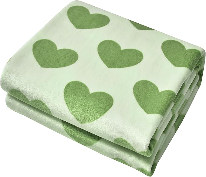 FY FIBER HOUSE Heart Flannel Queen Blanket Soft Cozy Blankets for Lover Gifts All Season Use, 90x90 Inches, Sage Green