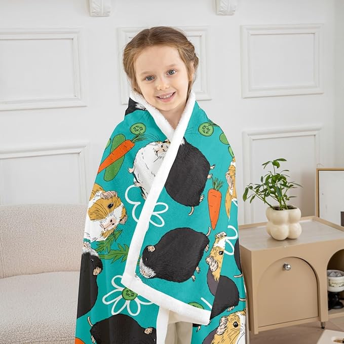 Erosebridal Kids Guinea Pig Sherpa Blanket Throw for Boys Girls - Cavia Porcellus Popular Household Pet Animal Fleece - Dairy Carrot Cartoon Fuzzy Throw 50"x60" Green Blue Red