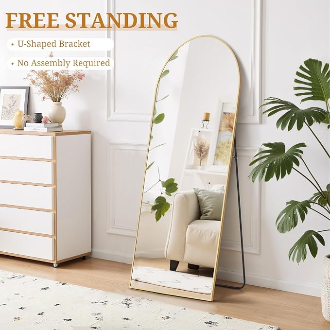 Full Length Mirror 58"x19" Full Body Mirror Arched Free Standing Wall Mounted Leaning Floor Mirrors with Stand Aluminum Alloy Frame for Bedroom Cloakroom, Gold