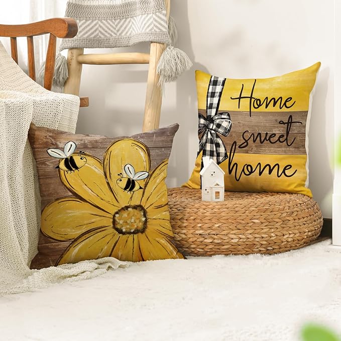 AVOIN colorlife Spring Home Sweet Home Bee Sunflower Throw Pillow Covers, 18 x 18 Inch Love Lives Here Summer Stripes Polka Dots Cushion Case for Sofa Couch Set of 4