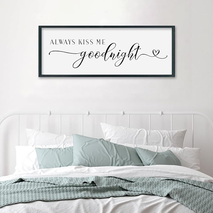 SRSZHIYUE Romantic Always Kiss Me Goodnight Sign Wall Decor 40"×15" for Love Theme Master Bedroom Above Bed Simple Modern Farmhouse Large Wood Framed Wall Horizontal Art Hanging (Black)