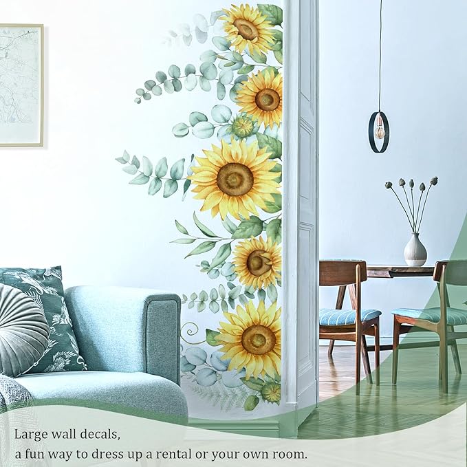 Sunflowers Floral Wall Decals Peel and Stick, Large Floral Flowers Wall Stickers, Removable Vine Home Decor Art for Bedroom Living Room Classroom Office