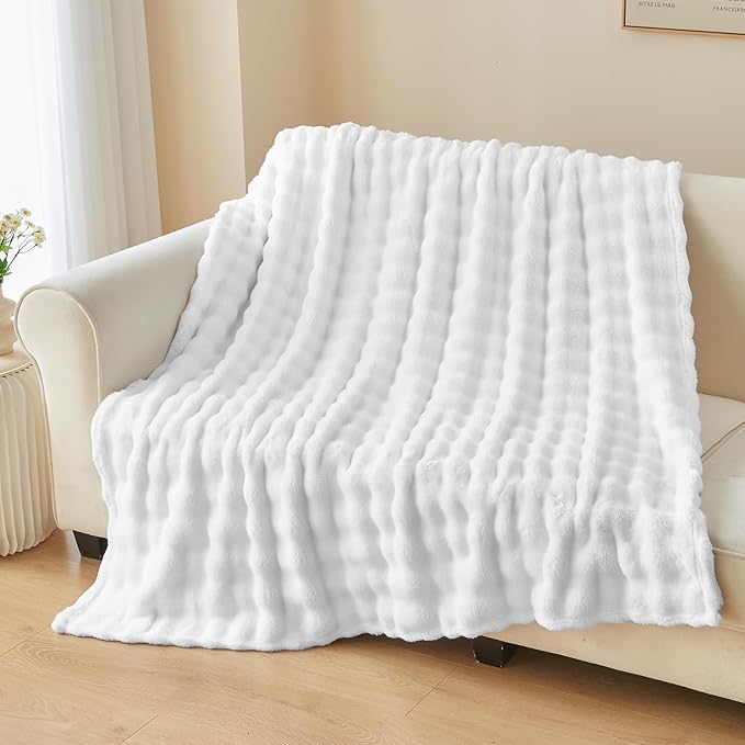 NEWCOSPLAY Twin Blanket for Couch White Super Soft Flannel Fleece 3D Bubble Lightweight Bed Blanket All Season Use (White, Twin(60"x80"))