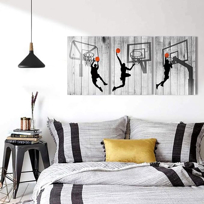 Black And White Canvas Wall Art For Living Room Bathroom And Bedroom Kitchen Wall Decor Artwork Canvas Prints Play Basketball Sport Painting 20" X 28"3 Piece Modern Framed Office Home Decorations