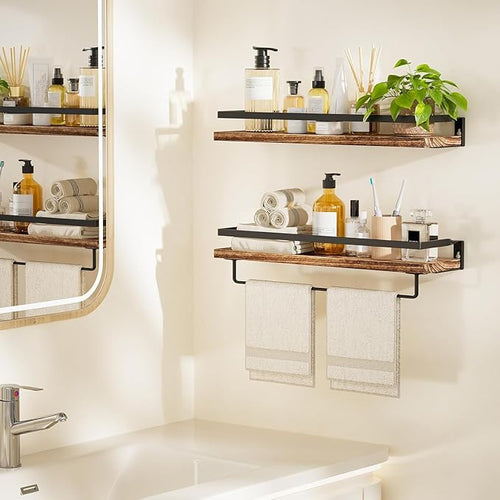 AMADA HOMEFURNISHING Bathroom Shelves with Towel Bar, Floating Shelves, Wall Shelves for Bathroom/Living Room/Kitchen/Bedroom, Rustic Brown, Set of 2 - AMFS01BN