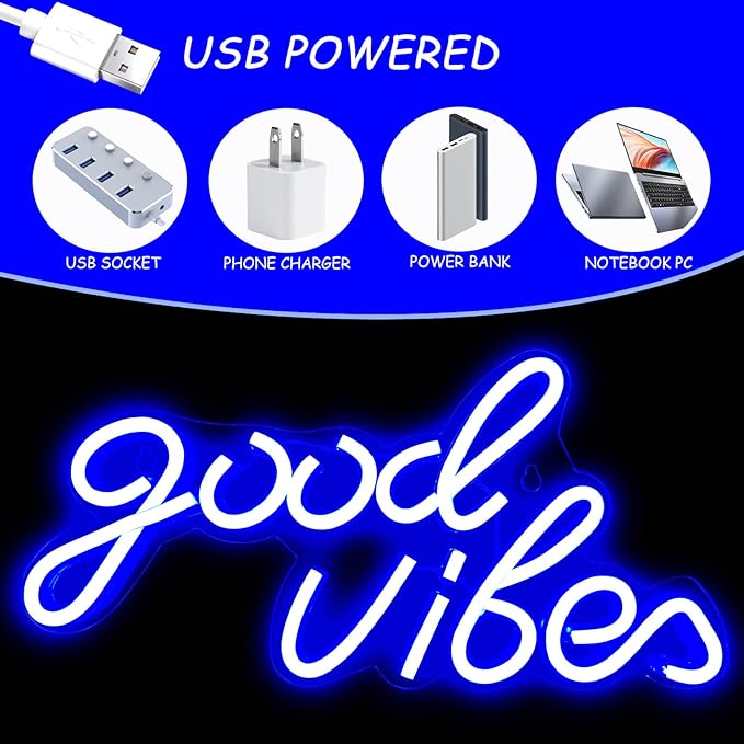 Good Vibes Neon Sign Blue Good Vibes Neon Lights USB Operated Aesthetic LED Signs for Bedroom Wall Decor Birthday Party Wedding Salon Bar Home Girl Cave