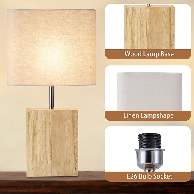 lapupu 23" Wood Table Lamp Set of 2 for Living Room, Modern Bedside Lamps for Bedroom, Large Farmhouse Nightstand Lamp, Desk Lamps for End Table Home Decor, Natural Wood
