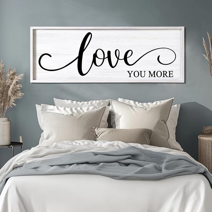 Love You More Decorative Rustic Sign & Plaque Framed Wall Art for Couples, 40''×15'' Vintage Cottagecore Wooden Horizontal Love Quote Home Decor Above Bed for Living Room, Farmhouse Wedding Gift