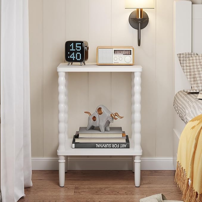 Small Narrow Side Table, Vintage End Table - Skinny Bedside Nightstand for Small Spaces, Couch/Recliner Accent Table for Bedroom Living Room Nursery, No-Tool Assembly (White)