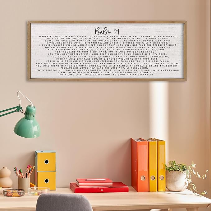 comurdyo Bible Verse Psalm 91 Wall Art Decor 32"X12" Christian Catholic Prayer Sign for Modern Simple Family Large Farmhouse Living Room Wood Framed Wall Horizontal Hanging Decor (Wood)