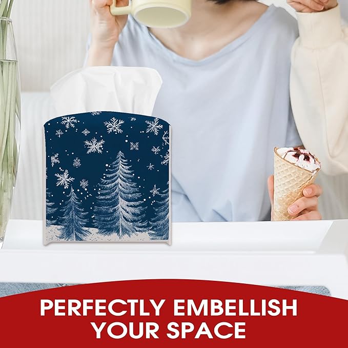 Christmas Trees Snowflake Leather Tissue Box Cover Holder, Blue Tissue Box Cover Square, Xmas Gift Ideas for Family Friends, Bathroom Kitchen Car Office Home Table Decor(5.2 Inches)-B14
