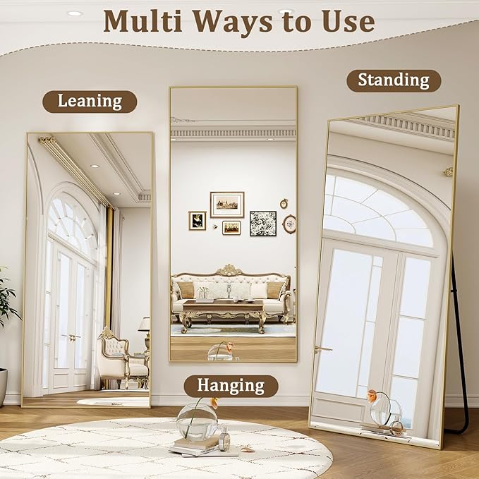 80" x 40" Oversized Full Length Mirror with Stand, Standing/Leaning/Wall Mounted Large Full Body Floor Mirror for Bedroom, Living Room, Entryway, Cloakroom with Aluminum Alloy Frame Gold