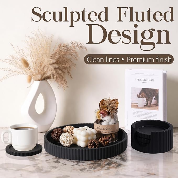 Decorative Coffee Table Ottoman Tray with Coasters | Modern Neutral Home Decor Accent | Console Table Decor | Kitchen Table Centrepiece | Luxury Apartment Decor | Decorative Centerpieces for Tables