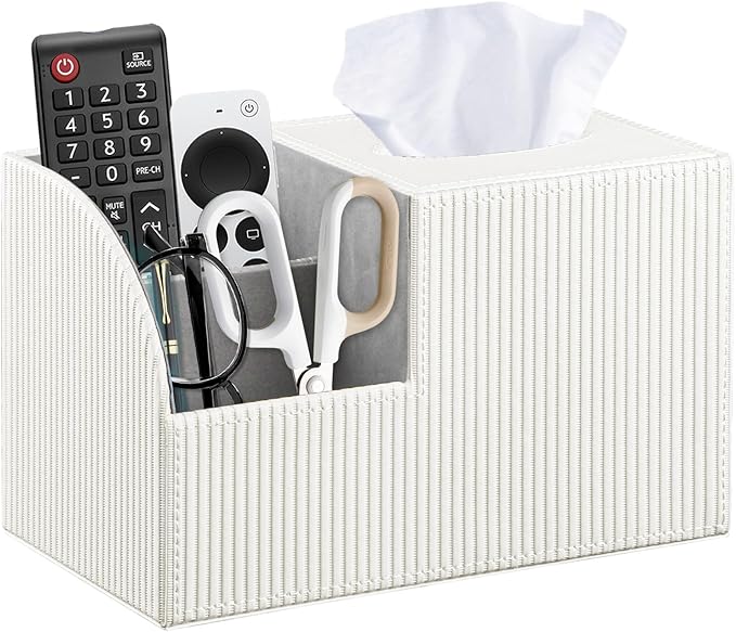 Fanousy Square Tissue Box Cover with Storage, PU Leather Cube Tissue Box Holder, Remote Control Nightstand Organizer, Modern Desk Caddy for End Table, Bathroom, Bedroom, Home, Office Decor