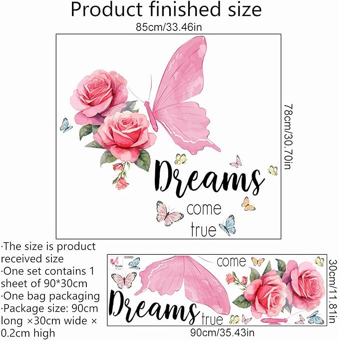 Pink Rose Butterfly Inspirational Quotes Wall Stickers, sacinora DIY Dreams Come True Wall Decals Removable Vinyl Peel and Stick for Living Room Bedroom Kids Baby Nursery Art Decorations