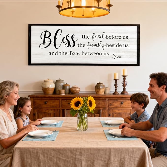Bless the Food Before Us, the Family Beside Us, and the Love between us Framed Wall Art for Dining Room, 40''×15'' Holy Positive Religious Rustic Bible Verse for Christian God Jesus Christ Prayer