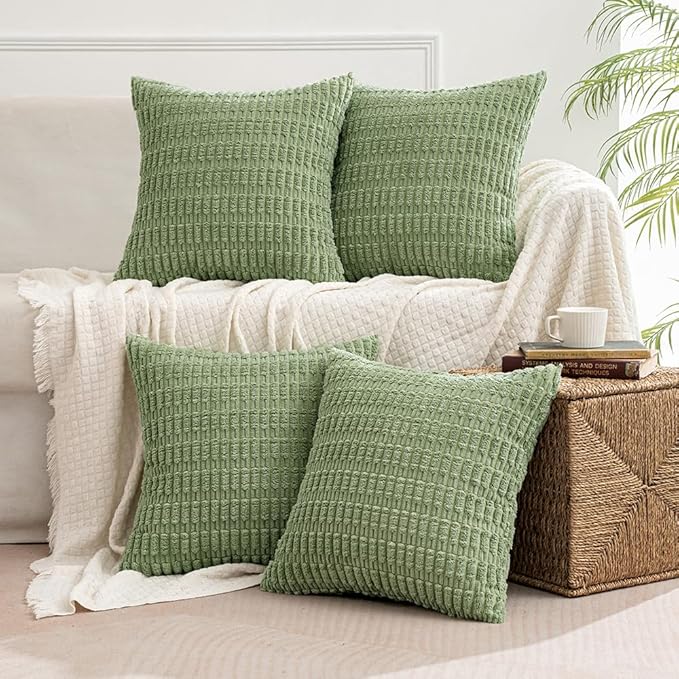 MIULEE Pack of 4 Sage Green Corduroy Decorative Spring Throw Pillow Covers 18x18 Inch Soft Boho Striped Pillow Covers Modern Farmhouse Home Decor for Sofa Living Room Couch Bed