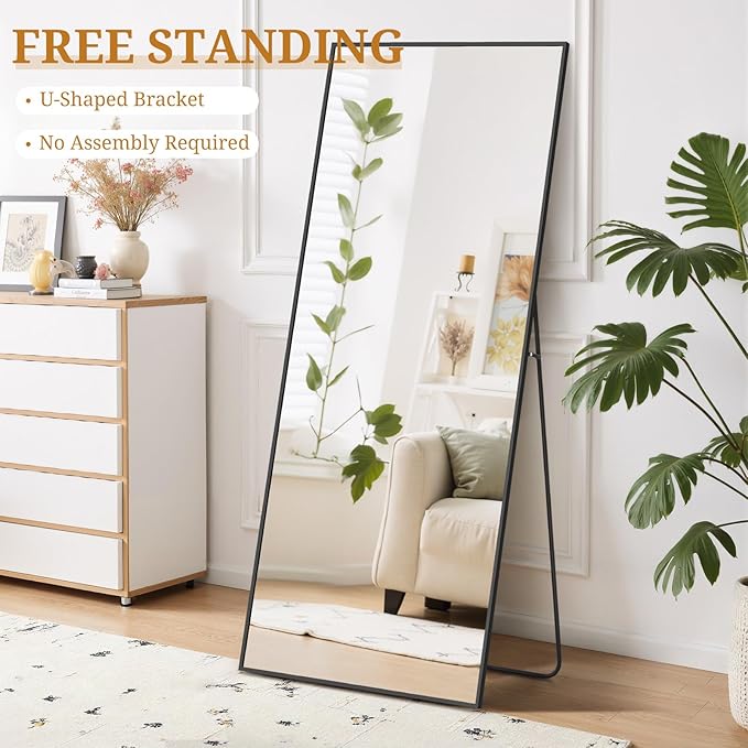 Full Length Mirror 71"x26" Full Body Mirror Rectangle Free Standing Wall Mounted Leaning Floor Mirrors with Stand Aluminum Alloy Frame for Bedroom Cloakroom, Black
