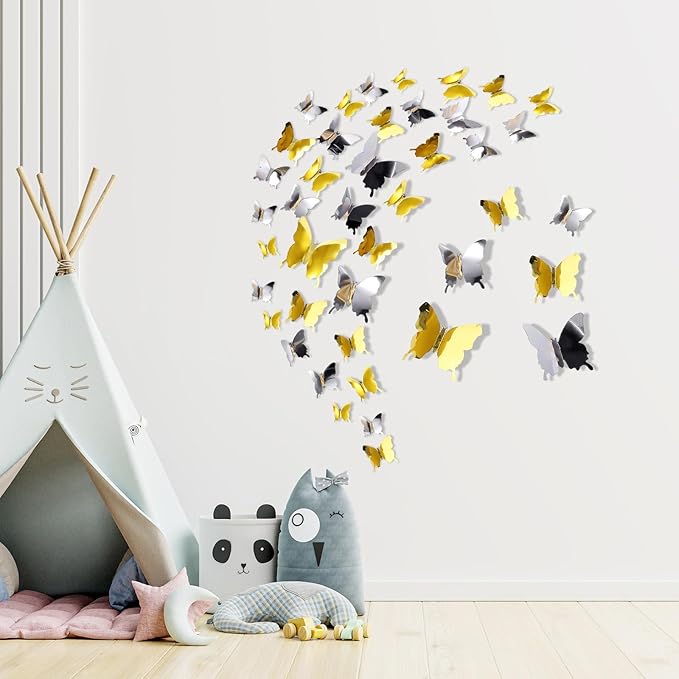 BBTO 48 Pieces Butterfly Wall Decor DIY 3D Mirror Butterfly Stickers Removable Decals Crafts for Birthday Party Bedroom School Bathroom Living Room Decor(Gold,Silver)