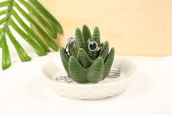 HOME SMILE Ceramic Aloe Ring Holder,Cactus Dish Dish for Jewelry,Christmas Birthday Gifts for Women