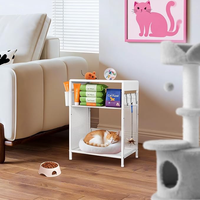 White Small Nightstand, Kids Nightstand for Bedroom, End Table with Hooks and Holder, Toddler Bedside Table for Girls, Desk Organizer for Office, Dorm (White)