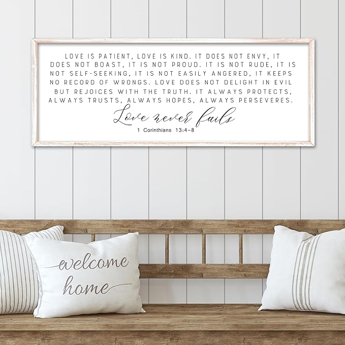Love is Patient Wall Art Decor 40"×15" Love is Kind Bible Verse Sign 1 Corinthians 13 4-8 Scripture Quote Master Bedroom Above Bed Christian Couple Large Wood Framed Hanging (White)