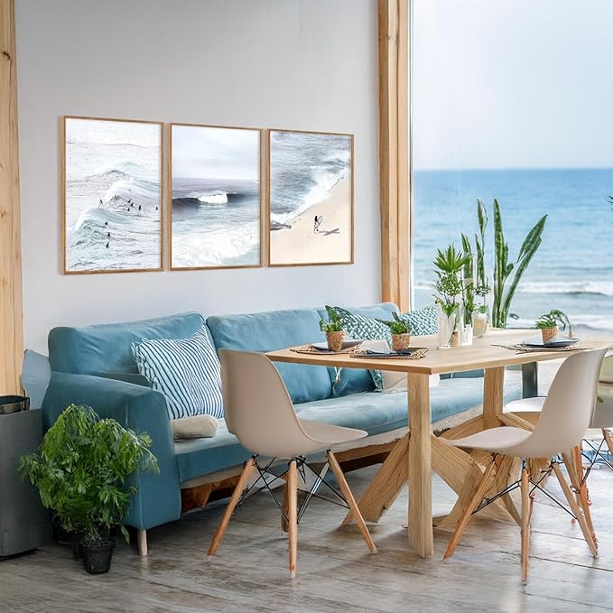 CHDITB Ocean Wave Surf Framed Canvas Wall Art Set Of 3, Minimalist Coastal Wall Decor, Nature Inspired Seascape Wall Painting, Neutral Surfboard Beach Art Prints for office Bedroom Decor (12x16 Inch)