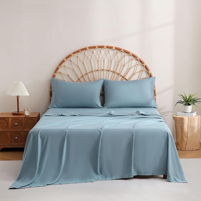 JSD Blue Queen Sheet Set with Side Pocket Corner Straps, 4 Piece Soft Microfiber Bed Sheets Extra Deep Pocket
