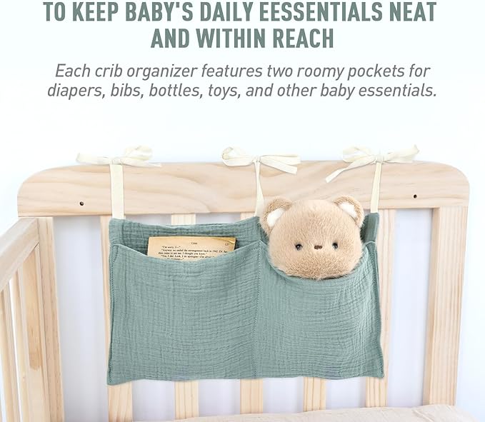 Cinaci 2pcs Cotton Pram Stroller Caddy Baby Crib Hanging Organizers Storage Pockets Nappy Diaper Bags Bedside Pockets for Milk Bottle/Soothing Toys/Wipes (Green Set)