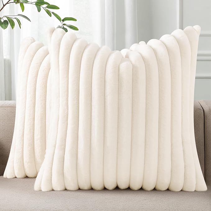 Pallene Faux Fur Plush Throw Pillow Covers 24x24 Set of 2, Luxury Soft Fluffy Striped Decorative Pillow Covers for Sofa, Couch, Living Room, Cream White