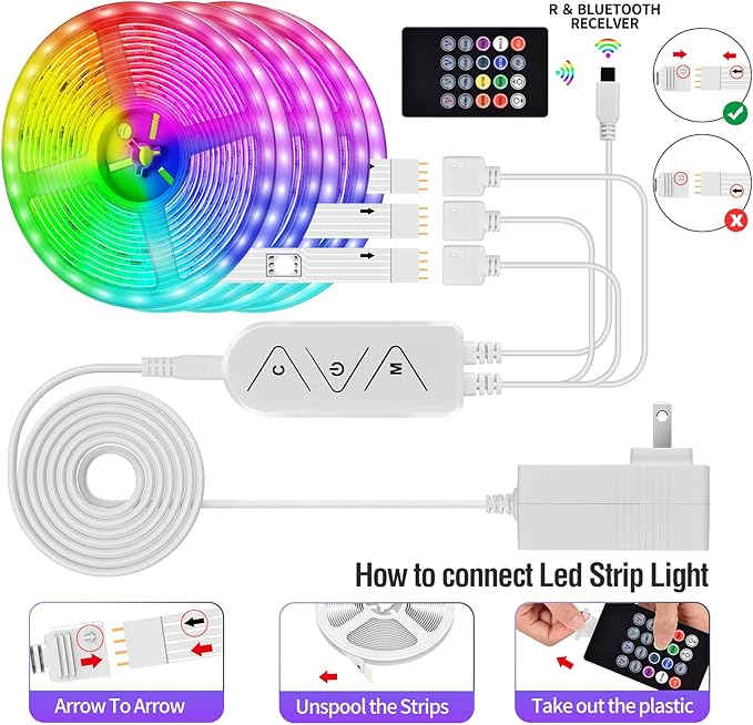 AILBTON Led Strip Lights,Music Sync Color Changing, Built-in Mic,Bluetooth App Control LED Tape Lights with Remote,5050 RGB Rope Light Strips (300FT)