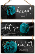 3 Pcs Wooden Teal Flower Wall Art - Teal Rose Wall Decor With Inspirational Quotes - For Women, Office, Living Room, Bedroom (10 x 4 Inch)