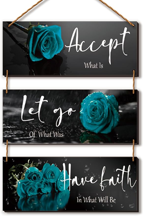 3 Pcs Wooden Teal Flower Wall Art - Teal Rose Wall Decor With Inspirational Quotes - For Women, Office, Living Room, Bedroom (10 x 4 Inch)
