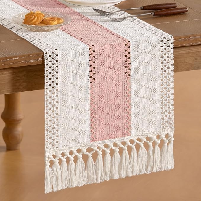 Socomi Boho Table Runner Easter Spring Farmhouse Rustic Dining Kitchen Centerpiece Decor Small Macrame Woven Cotton Linen Coffee Table Runner for Dresser Scarf Home Decor 12x60 inPink Ivory