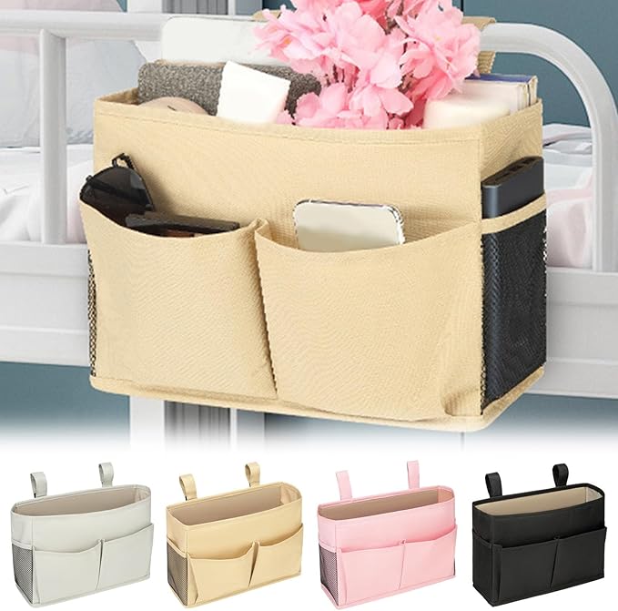 Bedside Caddy, Durable Cotton Linen Bunk Bed Caddy with Pockets and Bottle Holder,Hanging Storage Organizer,Bedside Bag for College Dorm Bed Rails Crib Bed Hospital Home Rooms Accessories (Yellow)