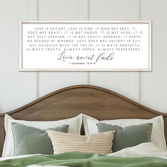 Love is Patient Wall Art Decor 40"×15" Love is Kind Bible Verse Sign 1 Corinthians 13 4-8 Scripture Quote Master Bedroom Above Bed Christian Couple Large Wood Framed Hanging (White)
