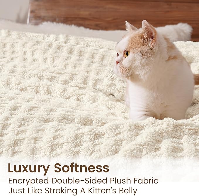 David's Home Ultra Soft Fleece Blanket Twin Size for Bed, Plush Shaggy Fluffy 3D Jacquard Waffle Throw for Couch, Warm Lightweight for Fall Winter,Fuzzy Aesthetic Room Decor,66x90 inches,Cream